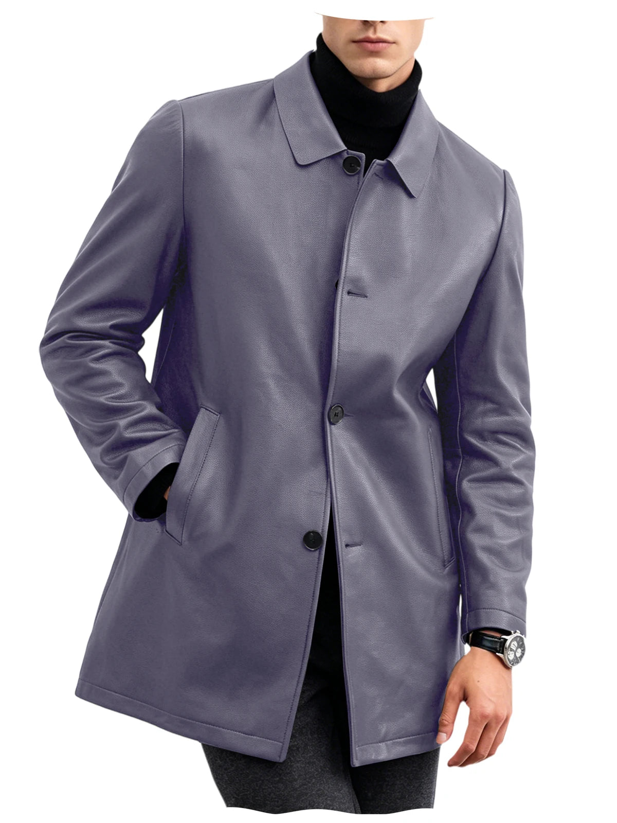 Men Premium Leather-Like Trench Coat Turn-Down Collar Single Breasted Mid-Length Overcoat Classic Slim Fit Business Casual Wear