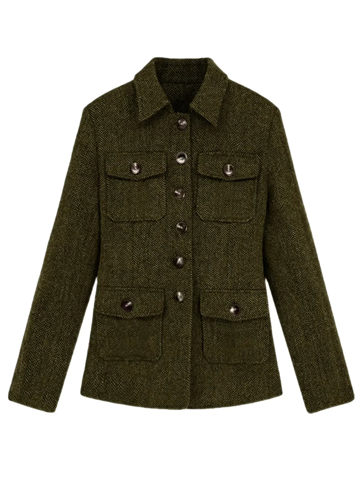 Men's Herringbone Wool Blend Blazer Jacket Notch Collar Utility Multi-Pocket Casual Overcoat For Spring Autumn