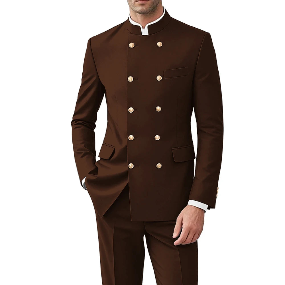 Solid Color Men Suits Formal 2 Pieces Double Breasted Stand Collar Balzer Pants Formal Party Business Wedding Set Customized