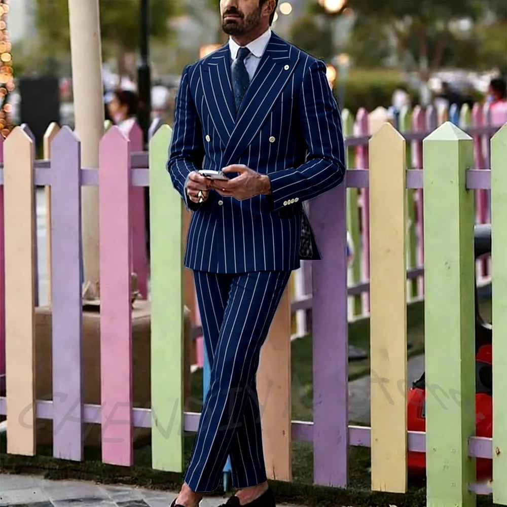 Light Purple Striped Men Suit England Style Peaked Lapel Double Breasted Classic Male Clothing Wedding Groom Tuxedo Custom Set