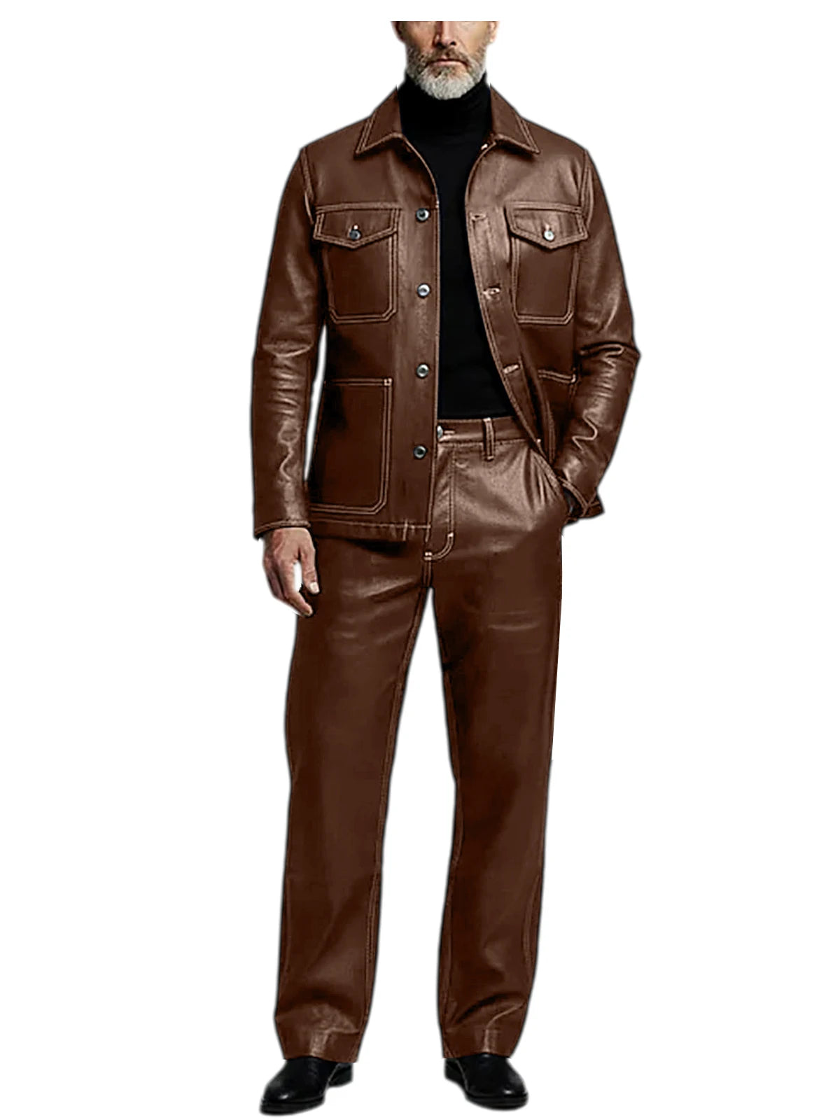 Men's 2 Piece PU Leather Suit Set Multi Pocket Shirt Collar Trucker Jacket Straight Leg Pants Business Casual Streetwear Outfits