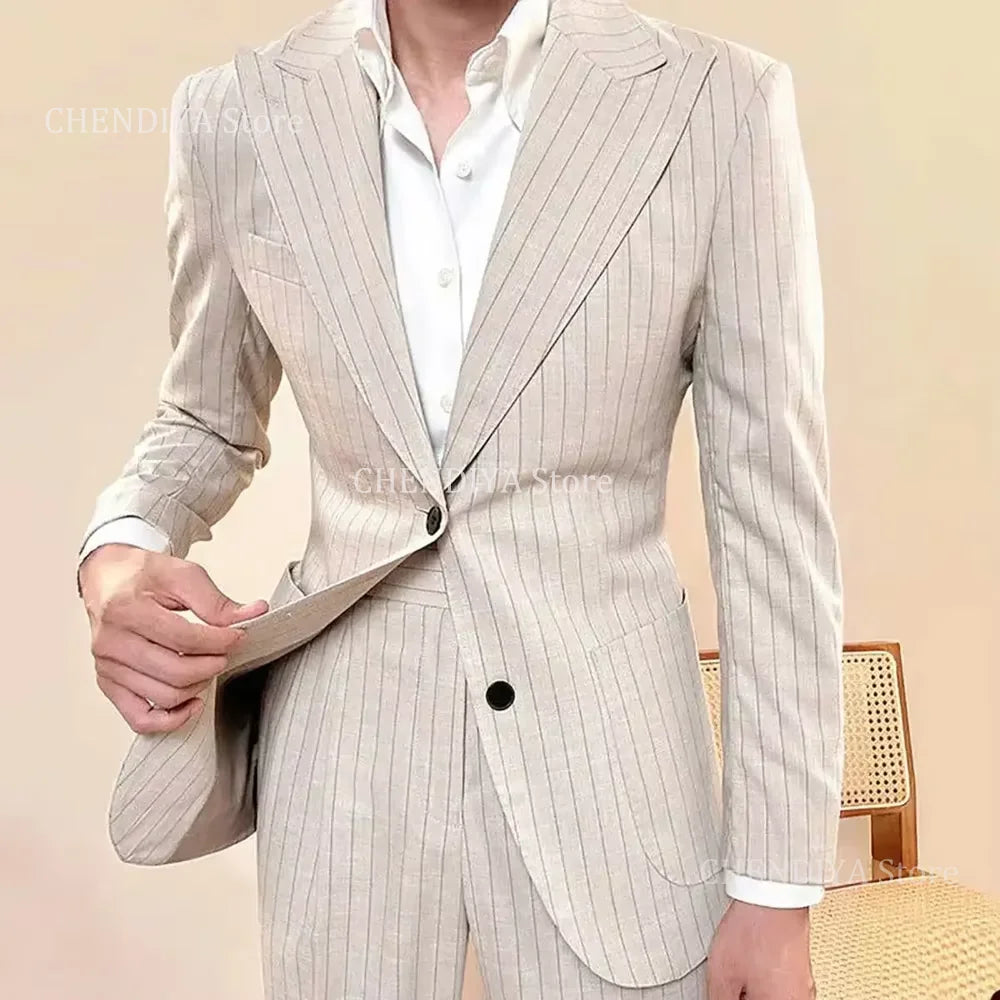 Elegant Striped Men Suit 2 Piece Fashion Single Breasted Peak Lapel Costume Homme Business Casual Daily Office Male Jacket Pants