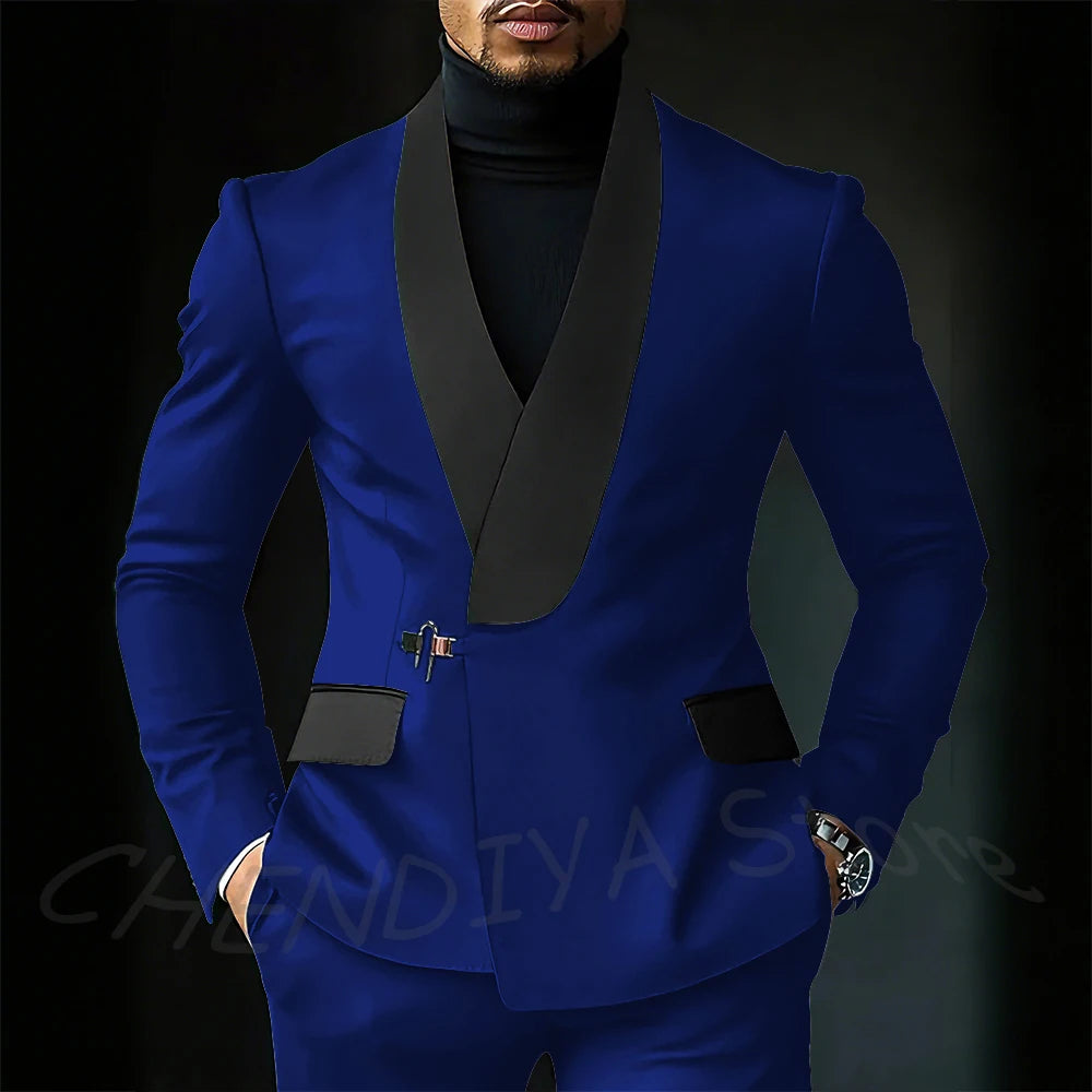 Contrast Color Men's Suit Set 2 Piece Elegant Shawl Lapel Slim Fit Formal Outfit Business Casual Jacket Pants Customized