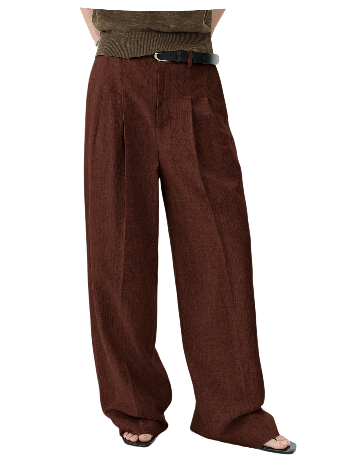 Men Linen Wide Leg Pants High Waist Pleated Casual Trousers Breathable Loose Straight Suit Pants Streetwear