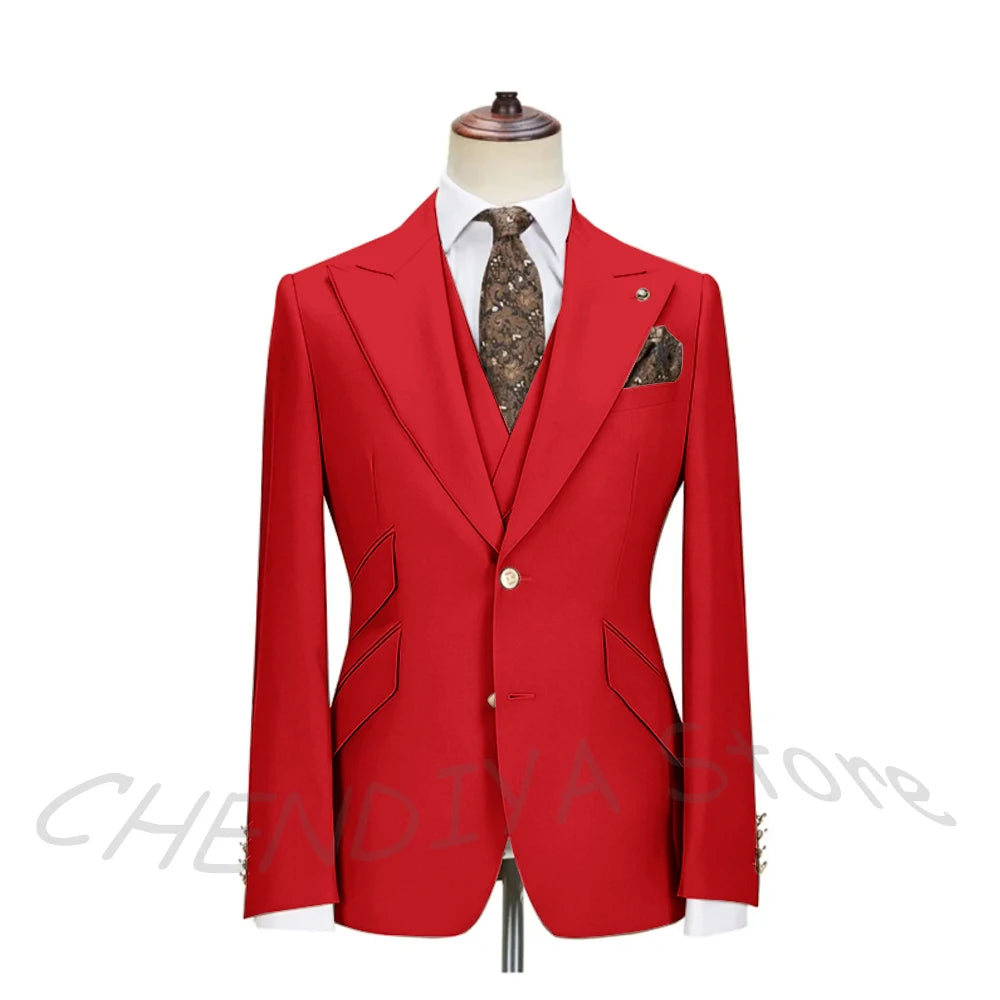 Solid Color Men's Suits 3 Piece (Blazer+Pants+Vest) Fashion Peak Lapel Single Breasted Prom Male  Business Casual Clothing