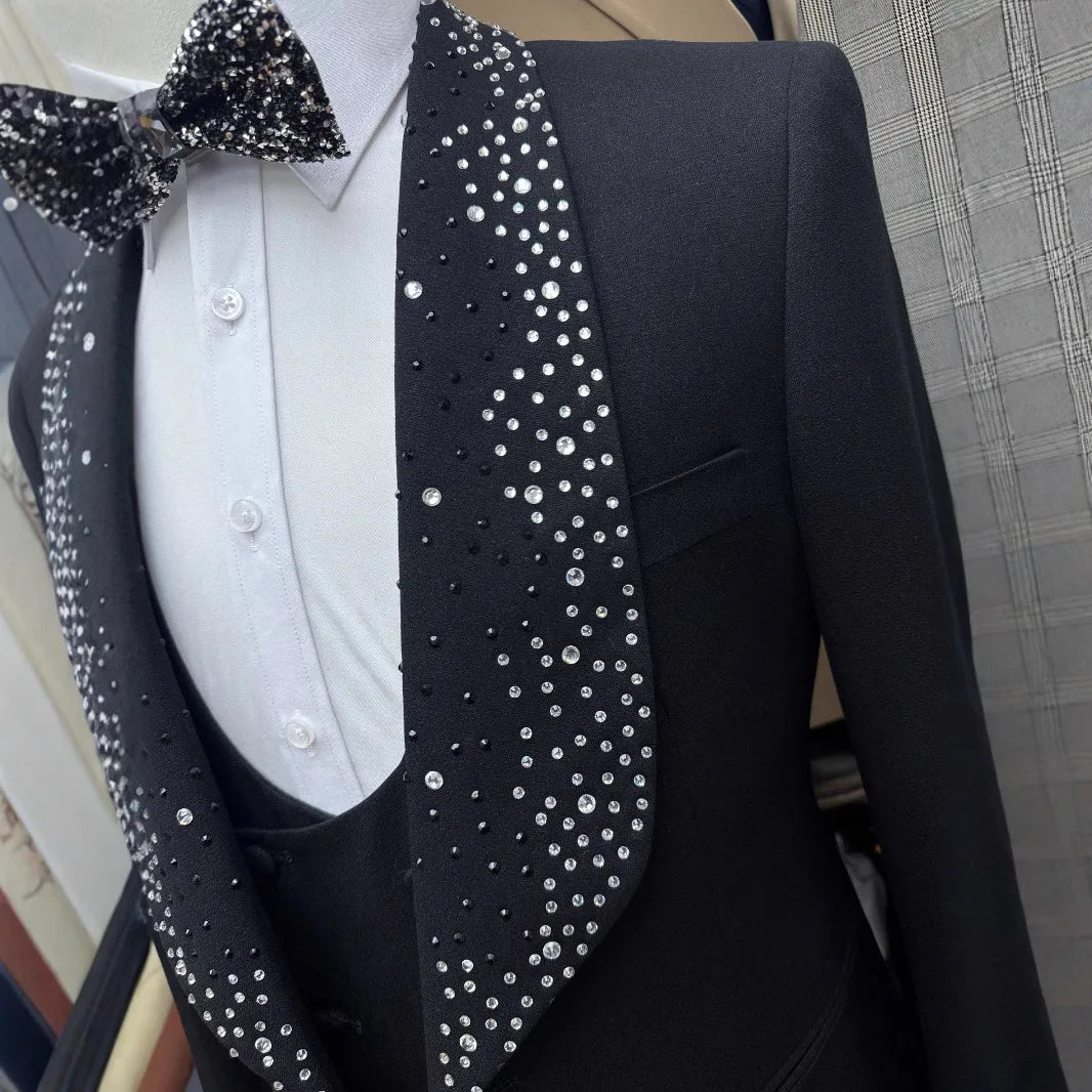 2025 Diamond Luxury Suit Set for Men Handsome Single Breasted Tuxedo Set Classic Blazer Vest Pants Crystals Men's Suits