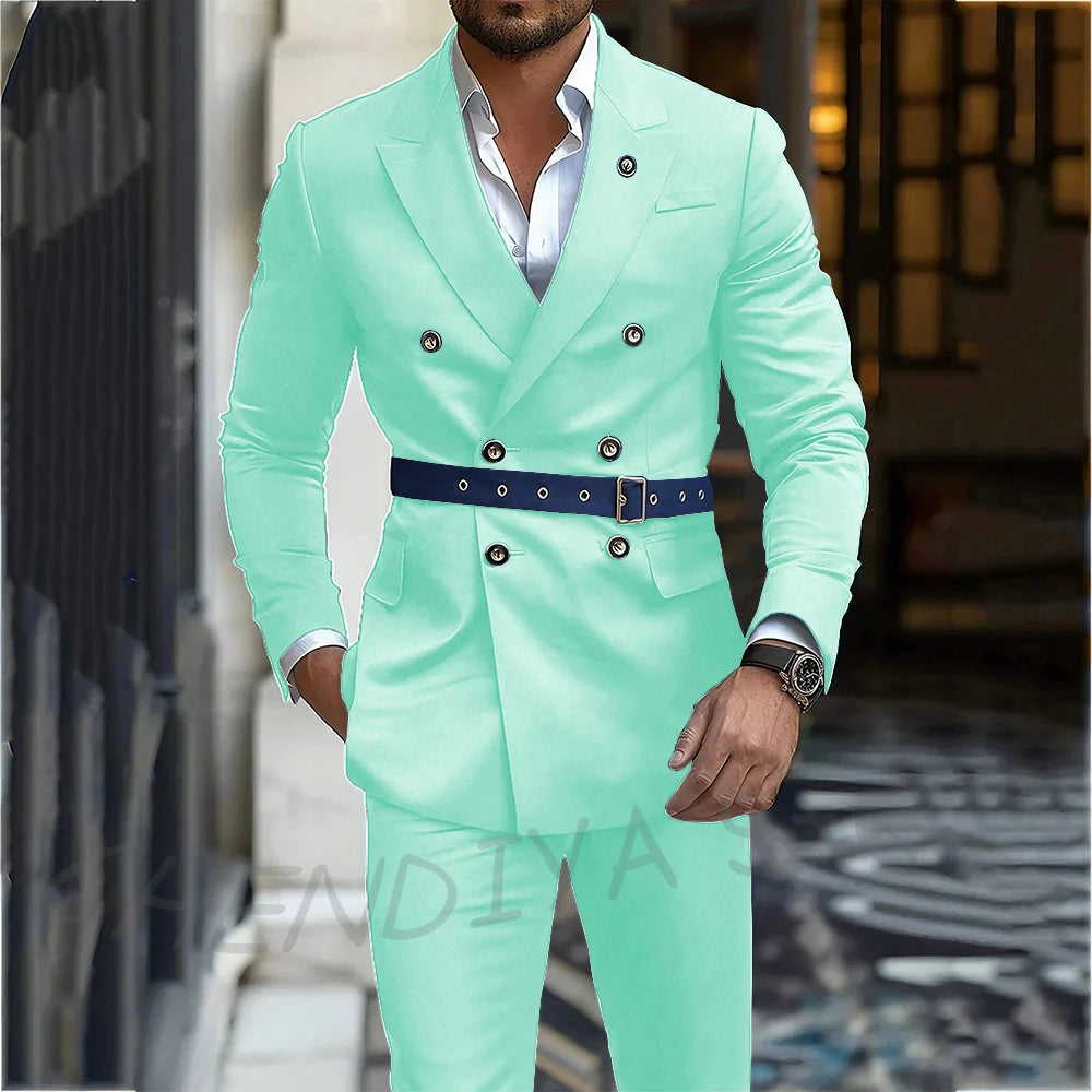 Navy Blue Men's Suit Classic Peak Lapel Blazer Double Breasted Formal Set Two Piece Business Casual Male Clothing Without Belt