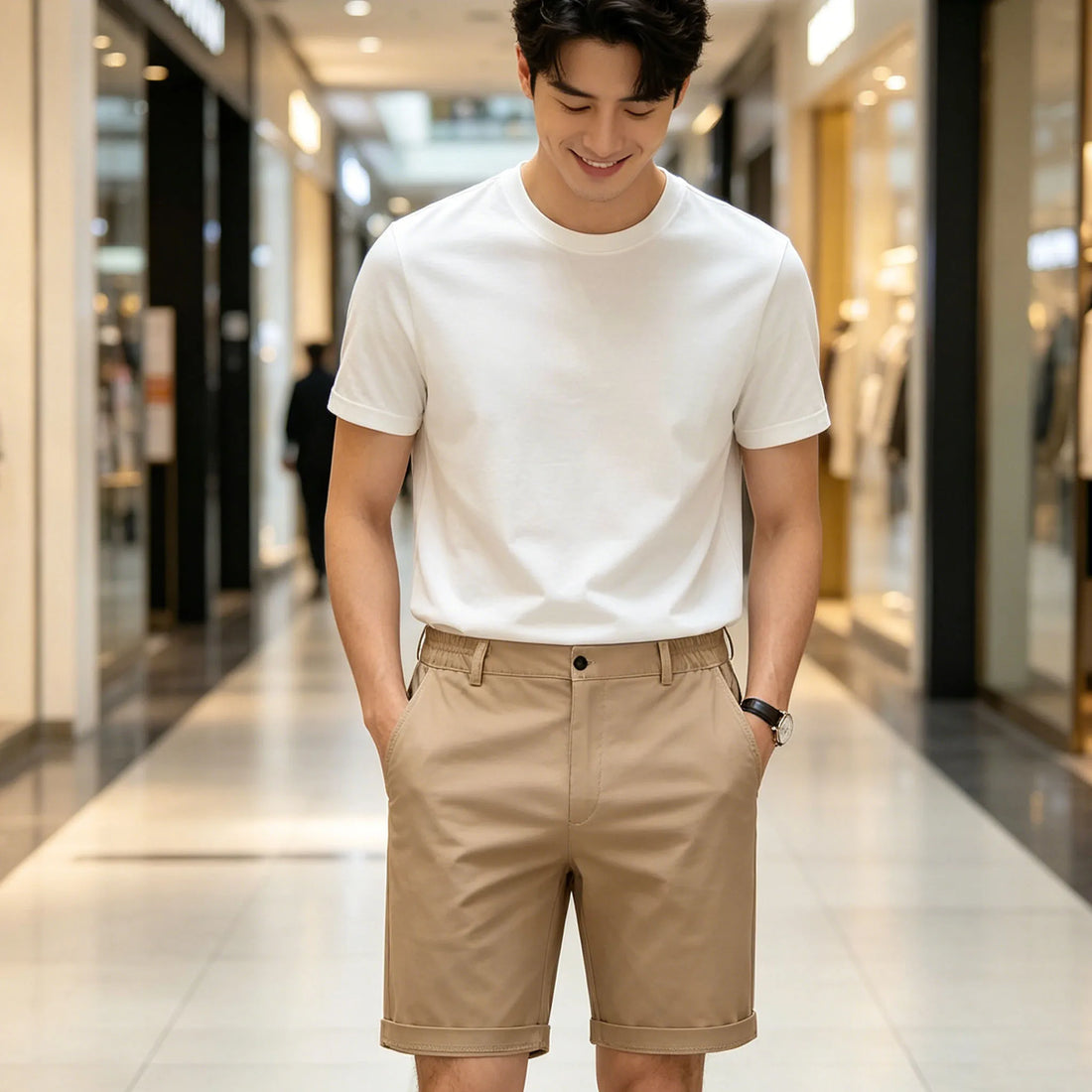Men's Khaki Shorts Half Elastic Waist Breathable Lightweight Wrinkle Resistant Comfort Cotton Blend Casual Shorts For Beach