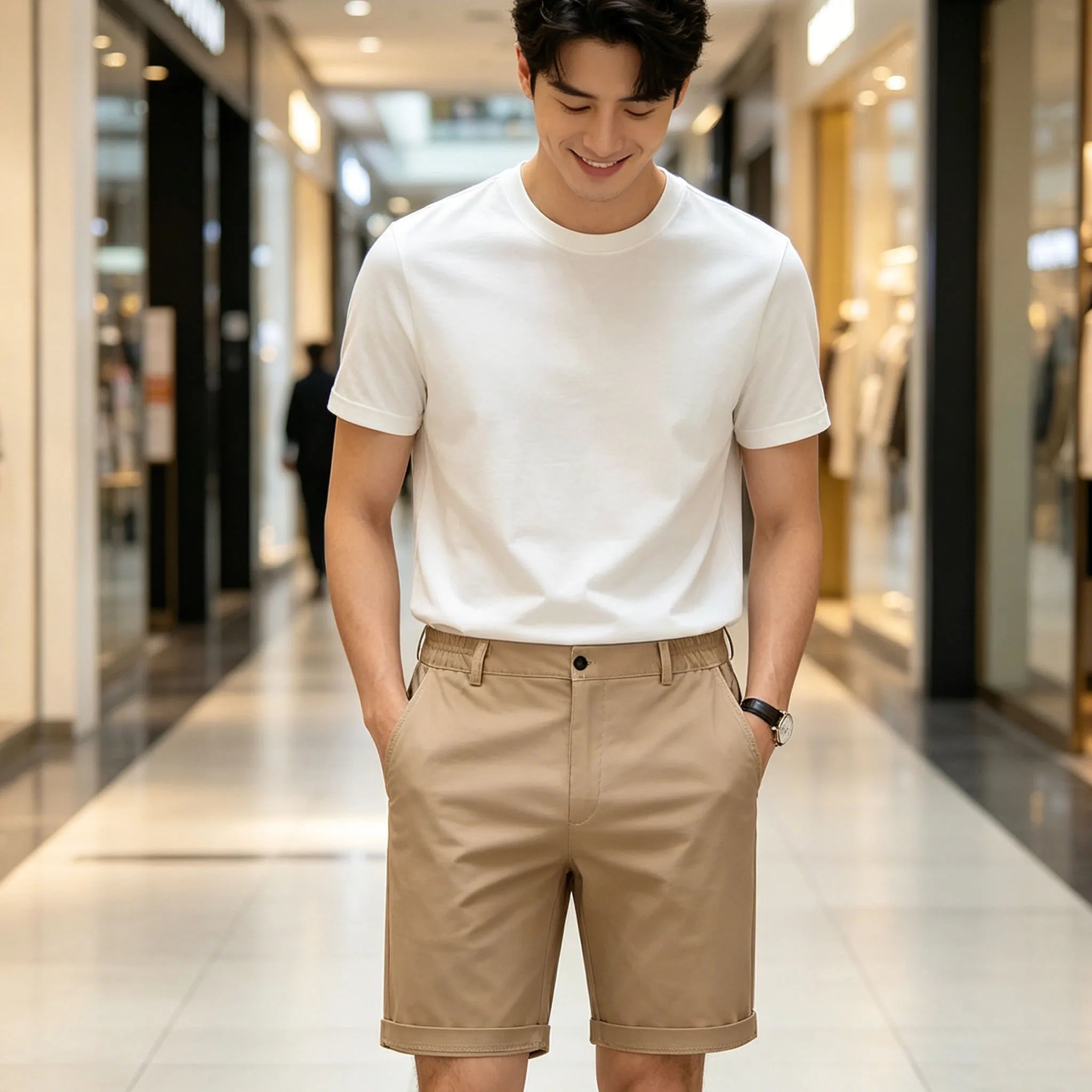 Men's Khaki Shorts Half Elastic Waist Breathable Lightweight Wrinkle Resistant Comfort Cotton Blend Casual Shorts For Beach