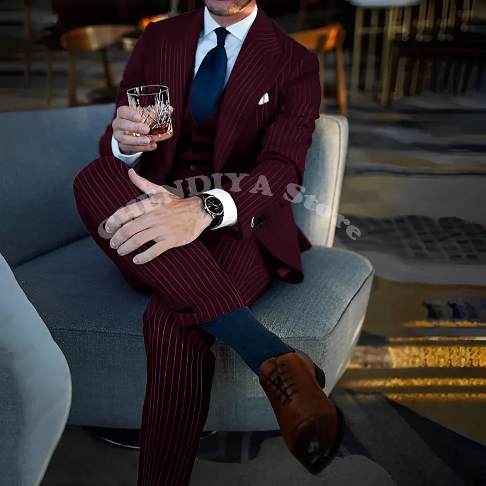 Chic Blue Pinstripe Men Suits Fashion Peak Lapel Business Casual Male Suit Elegant Wedding Groom Tuxedo Slim Fit 3 Piece Set