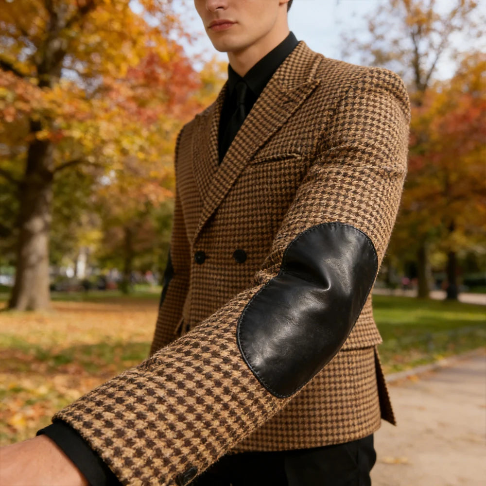 Men's Houndstooth Double Breasted Blazer with Leather Elbow Patches Peak Lapel Sport Coat Formal Business Wedding Suit Jacket