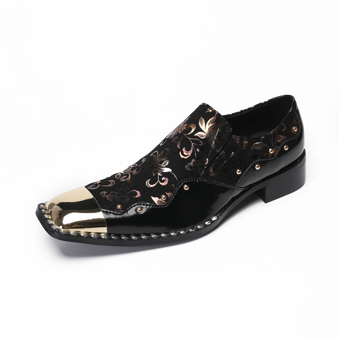 Men's Oxford shoes with rivets and sliding sleeves  gold flower wedding shoes  genuine leather  metal toe casual and happy shoes