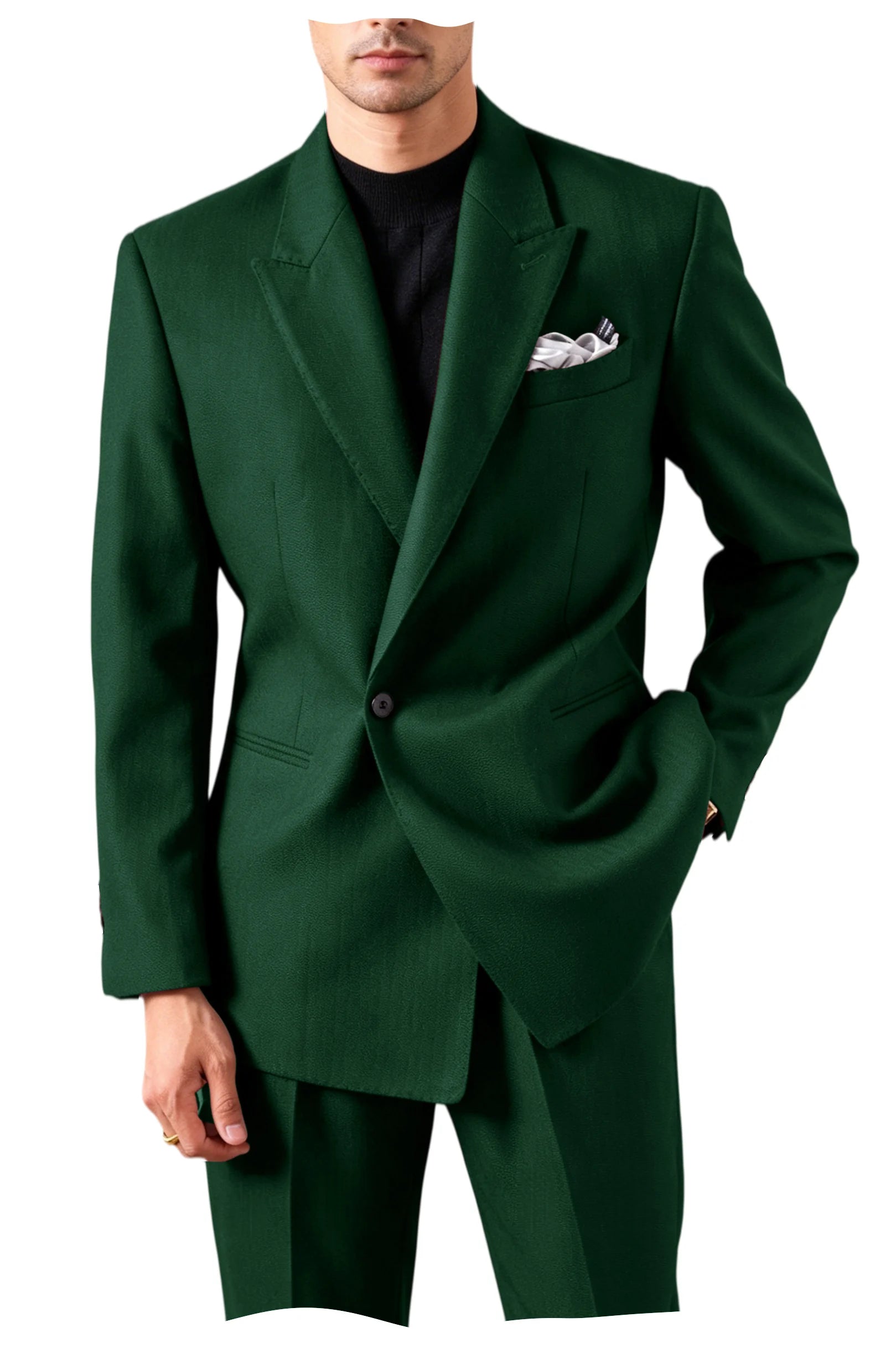 Men's Serge Suit Set Jacket Premium One Button Peak Lapel Slim Fit Tuxedo 2 Piece Blazer Pants Casual Business Wedding Formal