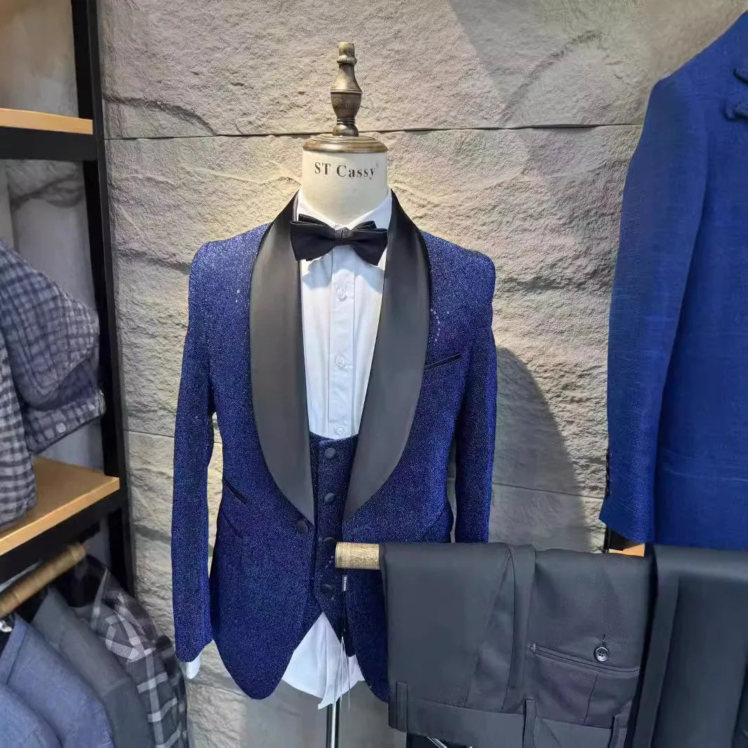 2024 Men's Wedding Floral Jacquard Tuxedo Suit Slim Fit Navy Blue Jacket and Tank Top Pants 3-piece Men's Outfit