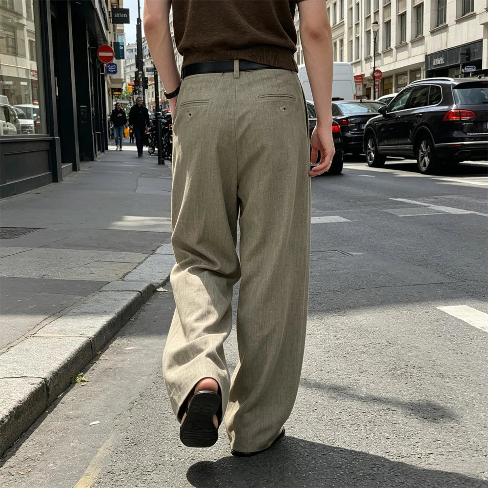 Men Linen Wide Leg Pants High Waist Pleated Casual Trousers Breathable Loose Straight Suit Pants Streetwear