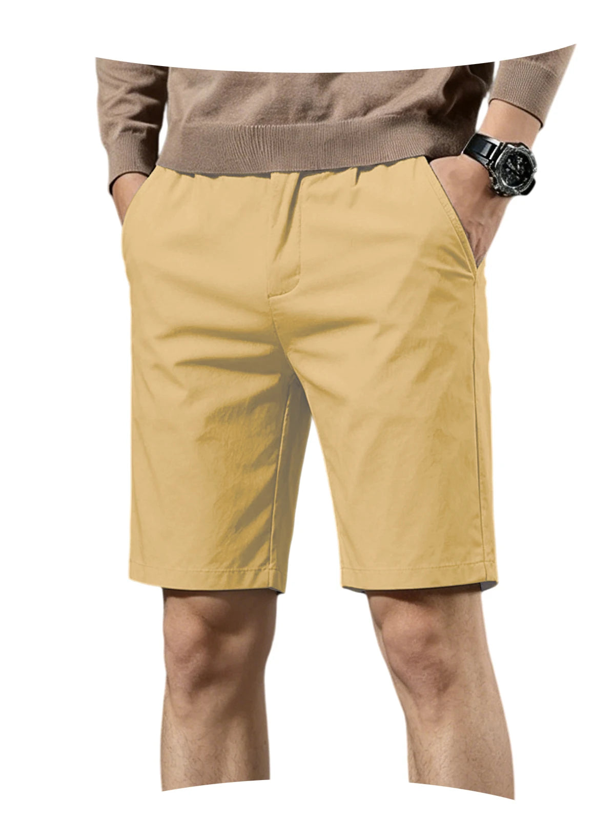 Men Cotton Solid Knee Length Bermuda Shorts Straight Chino Shorts Front Back Pockets Breathable Summer Beach Daily Casual Shorts