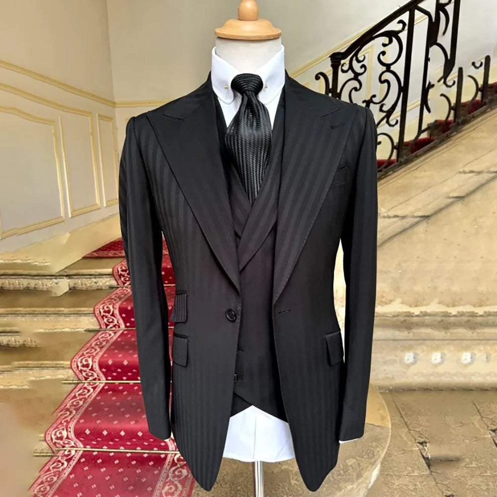 3 Pieces Men's Suit Jacket Pants Vest Black Stripe Fashion Blazer Set Business Casual High Quality Traje De Hombre Elegante