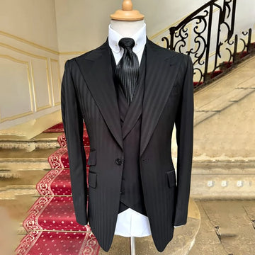 3 Pieces Men's Suit Jacket Pants Vest Black Stripe Fashion Blazer Set Business Casual High Quality Traje De Hombre Elegante