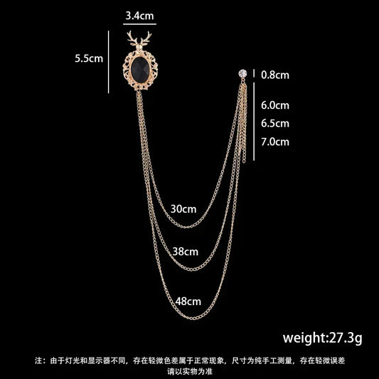 British Korean Personality Brooch Chain Men's Deer Head Pins New Business Suit Accessories Fashion Women's Coat Tassel Brooches