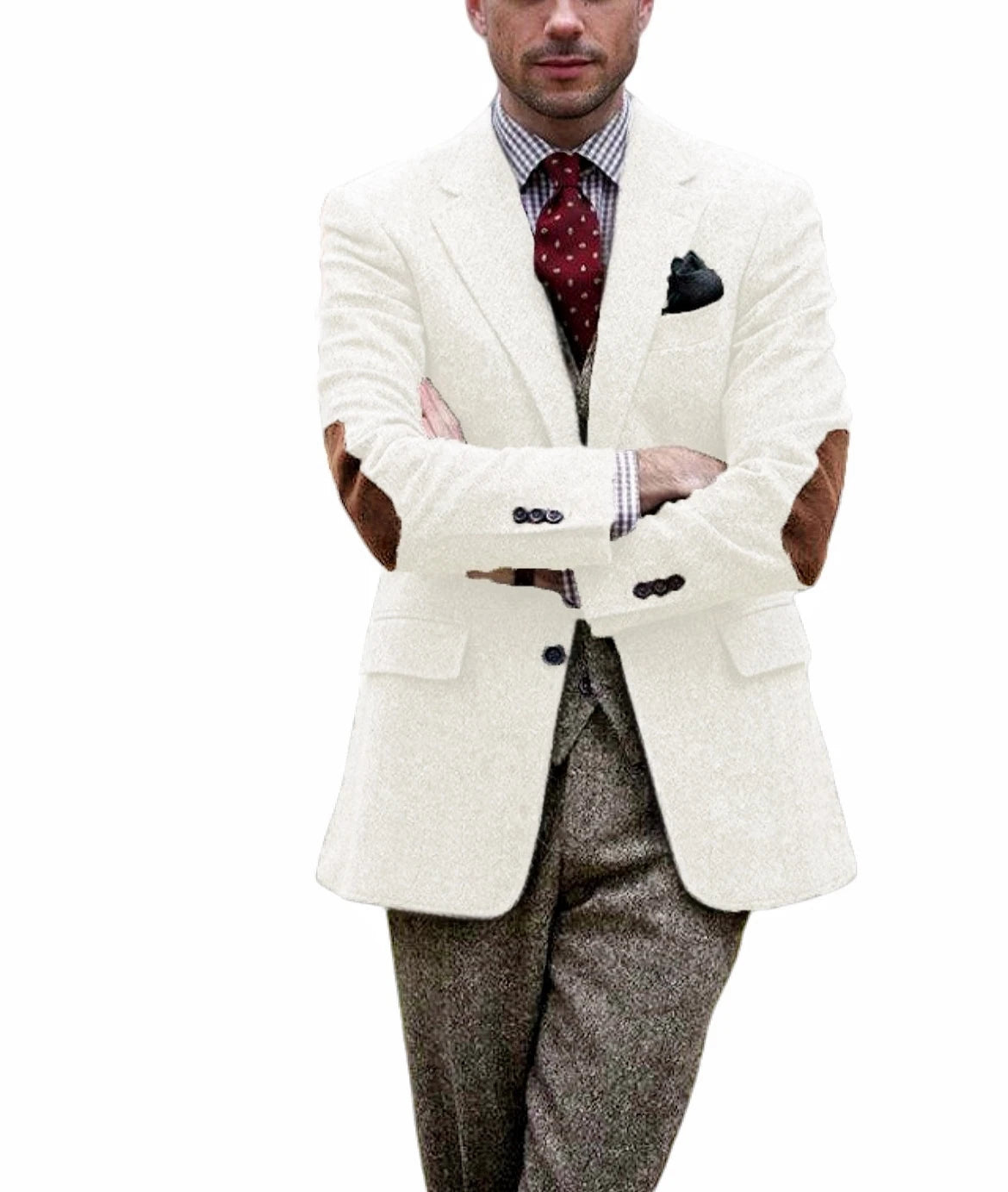 Men's Tweed Blazer Notched Lapel Wool Blend With Elbow Patches Casual Suit Jacket For Business Wedding Daily Wear Party