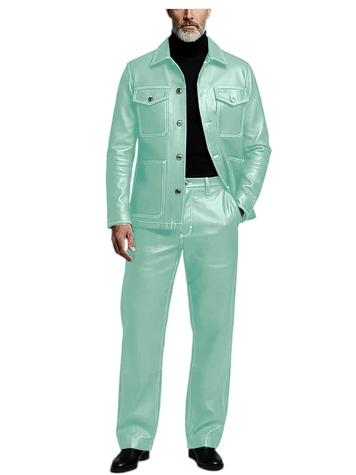 Men's 2 Piece PU Leather Suit Set Multi Pocket Shirt Collar Trucker Jacket Straight Leg Pants Business Casual Streetwear Outfits