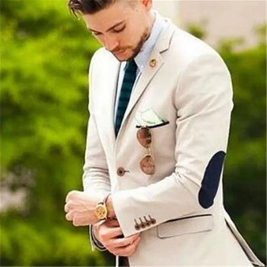 Beige Suits Wedding Suits For Men Elbow Patches Business Casual Groom Wear Tuxedo Slim Fit Male Blazers (Jacket Pants)