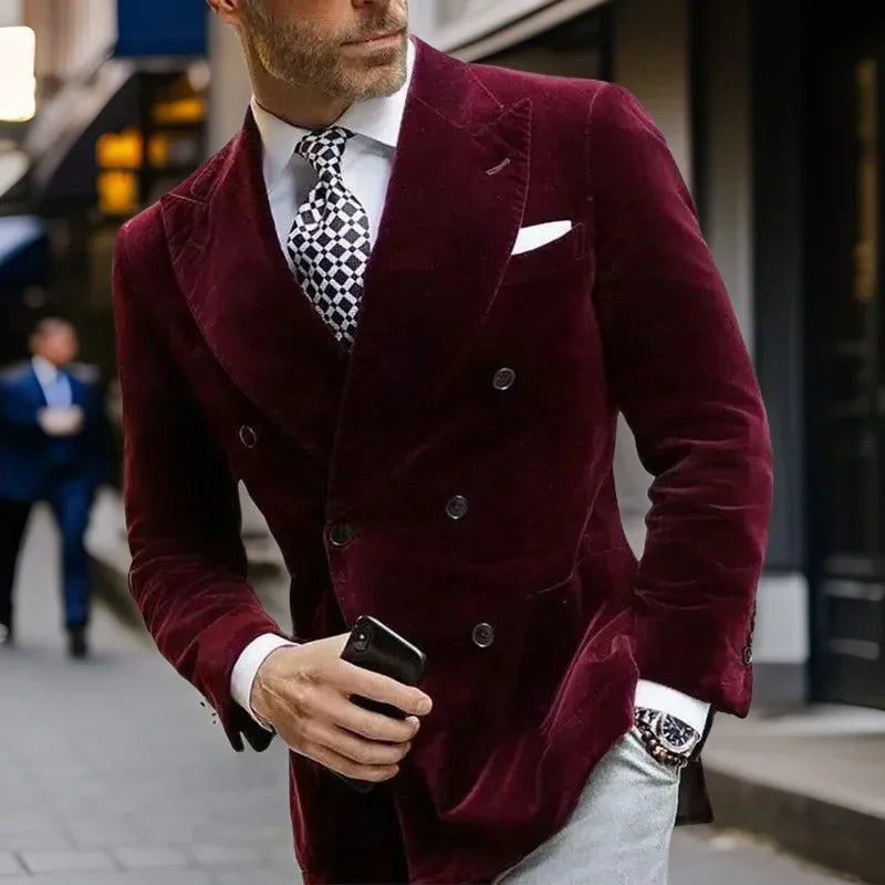 Velvet Blazer For Men Double Breasted Burgundy Smoking Jacket Elegant Dinner Party Suit Coat 1 PC 2025