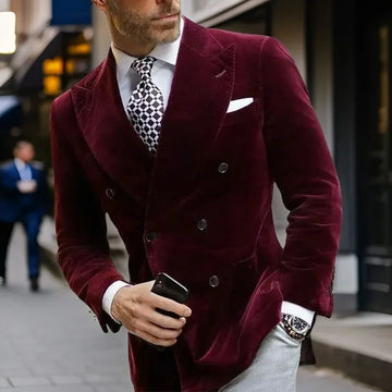 Velvet Blazer For Men Double Breasted Burgundy Smoking Jacket Elegant Dinner Party Suit Coat 1 PC 2025