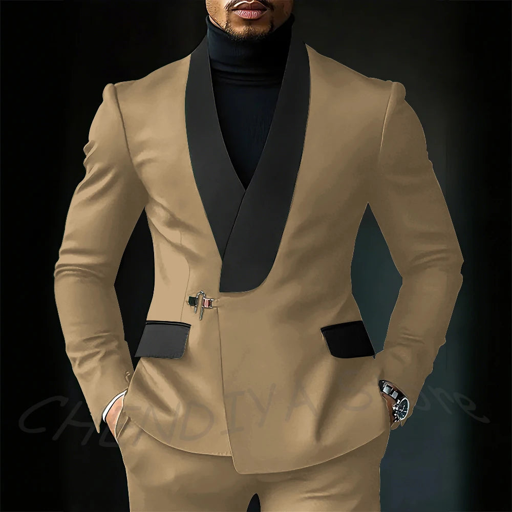 Contrast Color Men's Suit Set 2 Piece Elegant Shawl Lapel Slim Fit Formal Outfit Business Casual Jacket Pants Customized