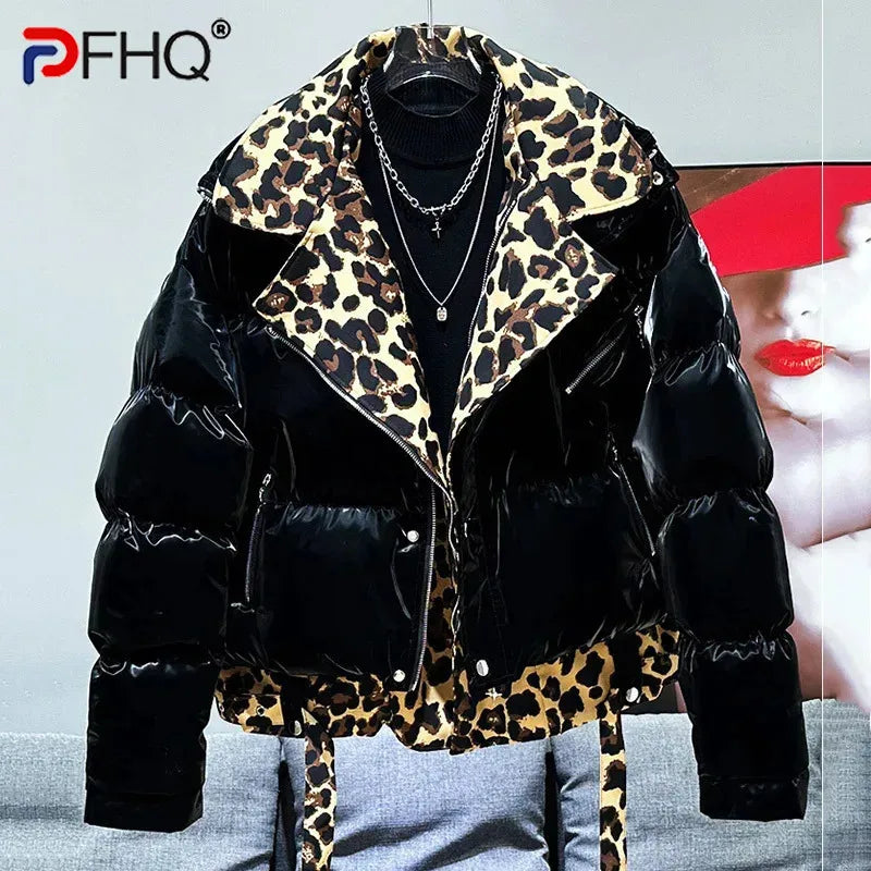 PFHQ American Fashion Leopard Print Patchwork Fake Two-piece Design Fashionable Bread Jacket New Men's Warm Cotton Coat 21Z7225