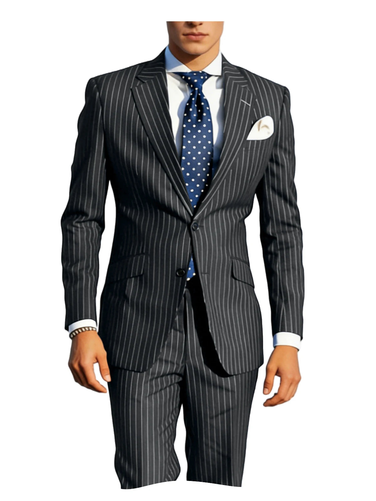 Mens Pinstripe Suit Tuxedo 2-Piece Slim Fit Blazer Pants Set Formal Business Wedding Jacket Trousers For Spring