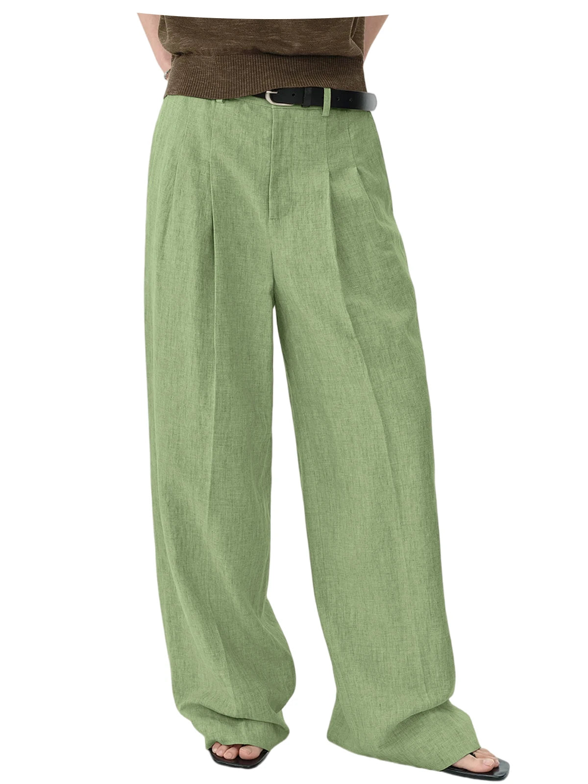 Men Linen Wide Leg Pants High Waist Pleated Casual Trousers Breathable Loose Straight Suit Pants Streetwear
