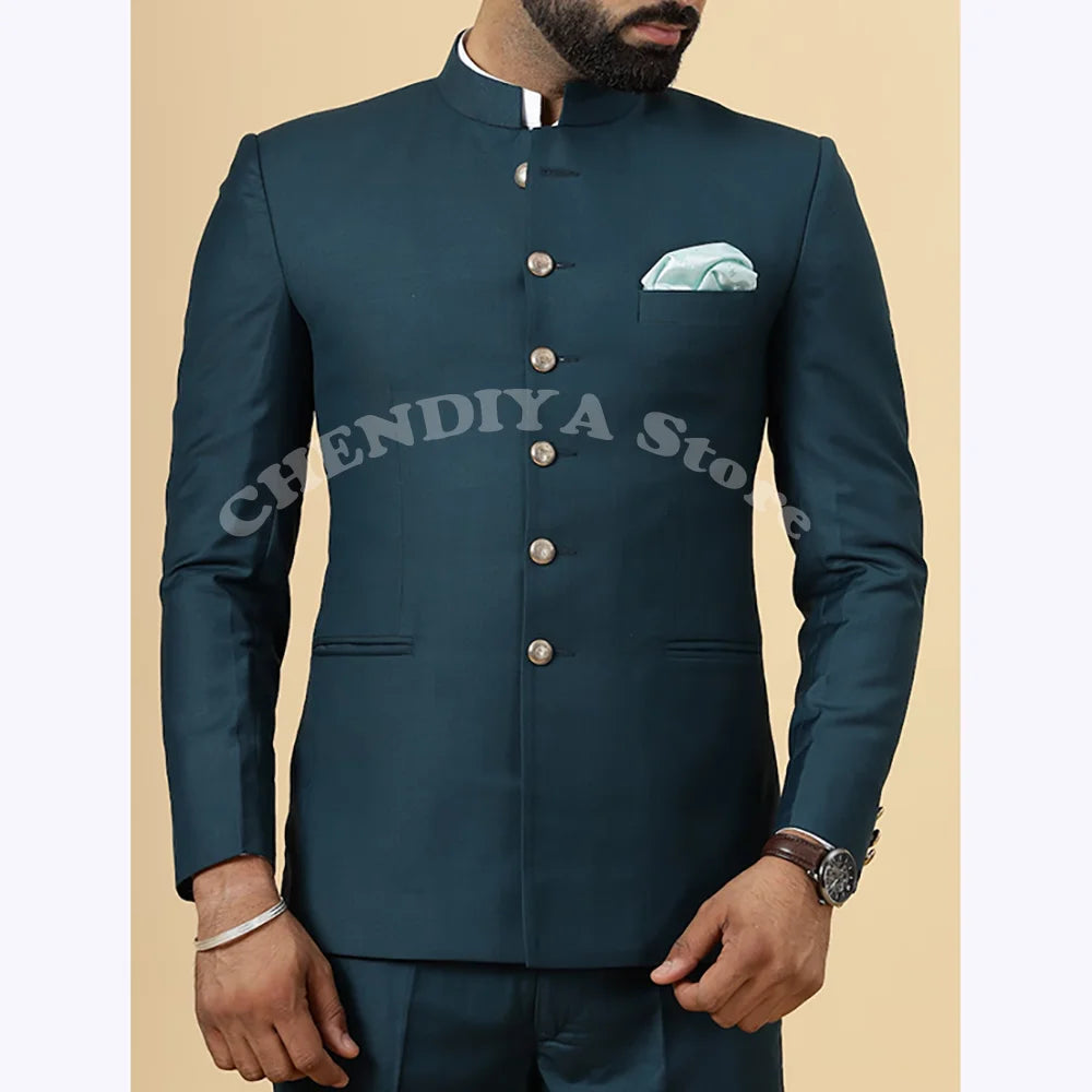 Solid Green Men's Suits Stand Collar Single Breasted Jacket Pnats Slim Fit 2 Piece Daily Office Business Occasion Formal Blazer