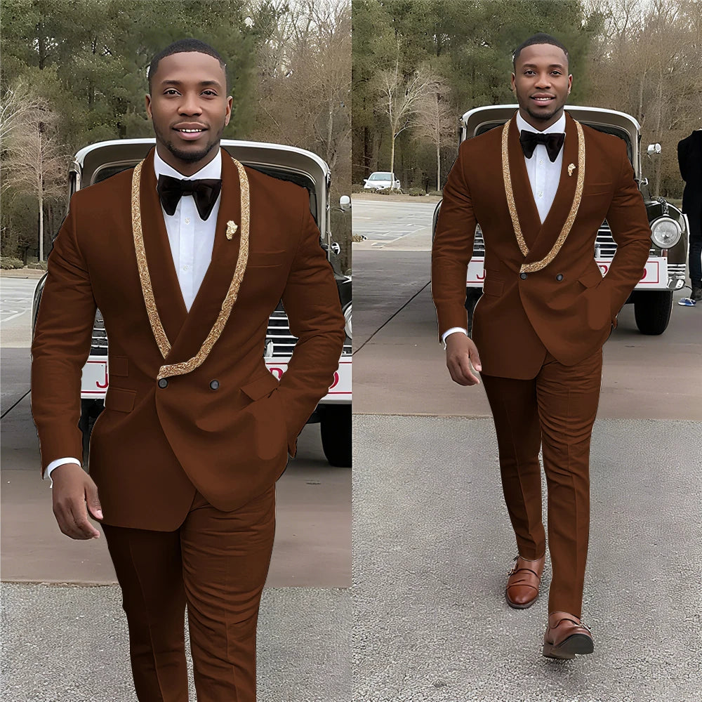 Handsome Men's Suits Double Button Shawl Lapel Solid Color Outfit Man Set 2 Piece Casual Daily Office Prom Male Clothing