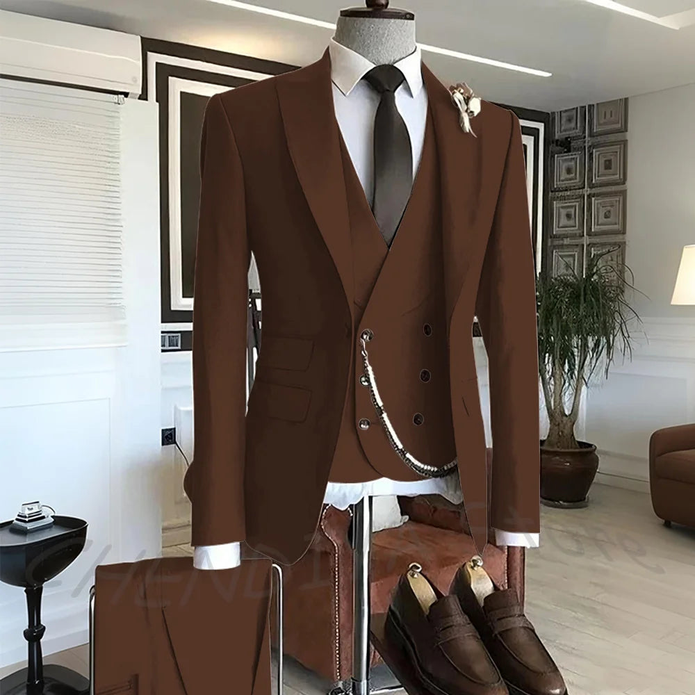 Men's Suit Formal Set 3 Piece Chic Single Button Peak Lapel Slim Fit Outfit Jacket Pants Vest High Quality Business Casual