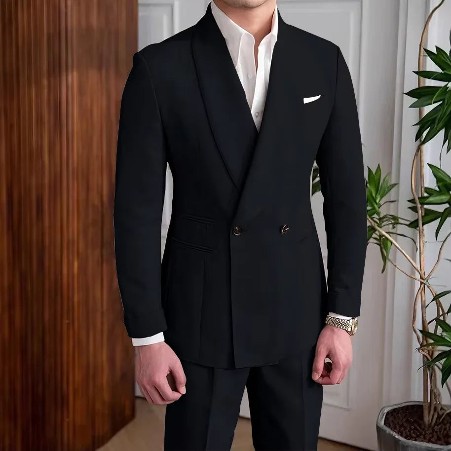Men's Linen Suit 2-Piece Khaki Shawl Collar Double-Breasted Slim Fit Breathable Jacket and Pants Formal Set for Summer Business