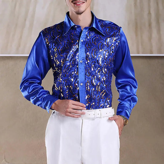 Formal Casual Shirt Tops Men's Luxury Sequins Performance Shirt for Wedding Stage Formal Casual Wear Long Sleeve Single-breasted