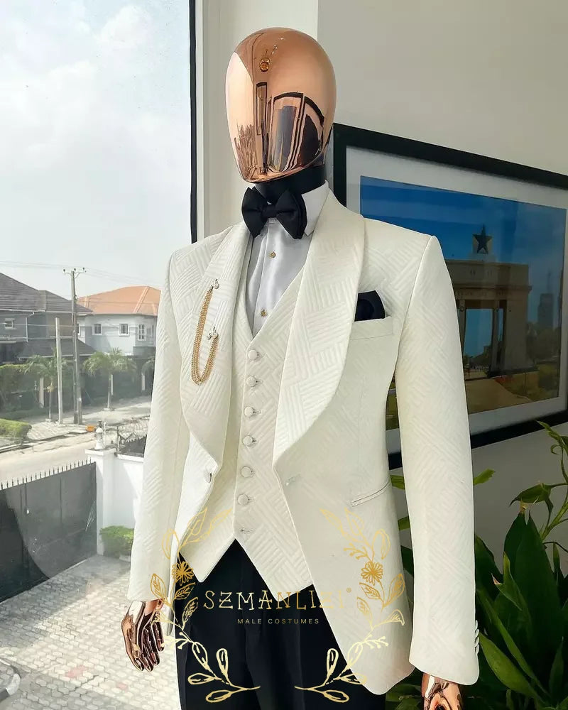 White Plaid Men Suits 3 Piece Jacket Vest Pant Shawl Lapel Formal Outfits Business Office Wear Wedding Party Tuxedos