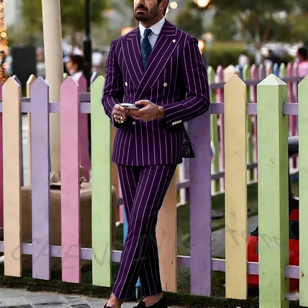 Light Purple Striped Men Suit England Style Peaked Lapel Double Breasted Classic Male Clothing Wedding Groom Tuxedo Custom Set