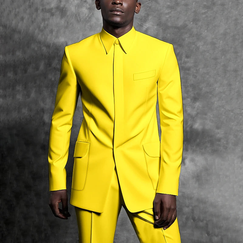 Tailored Suits Stand Collar Tuxedo Gentleman Solid Color Outfit Man Suit Set 2 Piece Smart Casual Daily Office Male Clothing