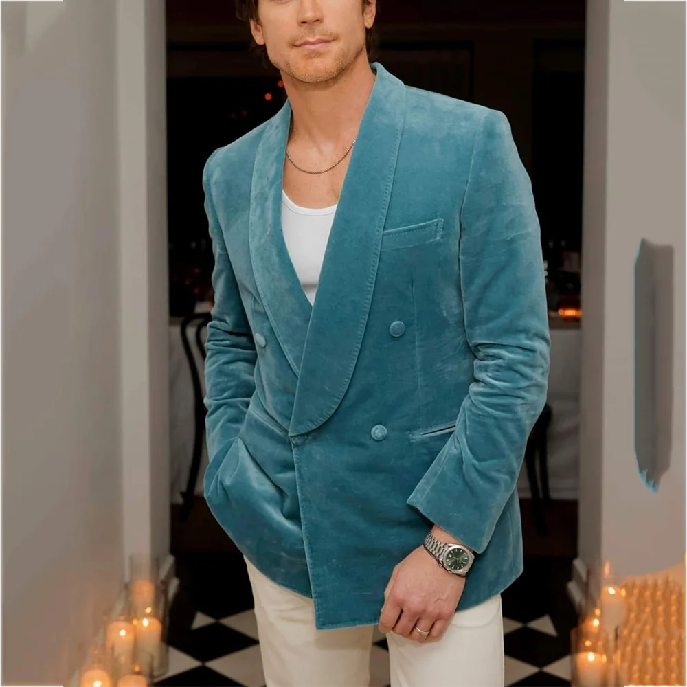 Shawl Lapel Velvet Men's Suit Gentleman Groom Wedding Set Two Pieces Slim Fit Double Breasted Formal Party Prom Elegant Man Set