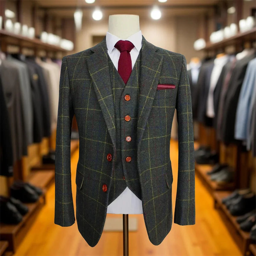 Wool Tweed Men Suits for Wedding Slim Fit Groom Tuxedo for Fall Winter Prom Male Fashion 3 Pcs Suit Set Jacket with Pants Vest