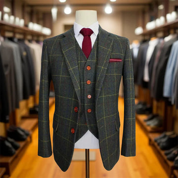 Wool Tweed Men Suits for Wedding Slim Fit Groom Tuxedo for Fall Winter Prom Male Fashion 3 Pcs Suit Set Jacket with Pants Vest