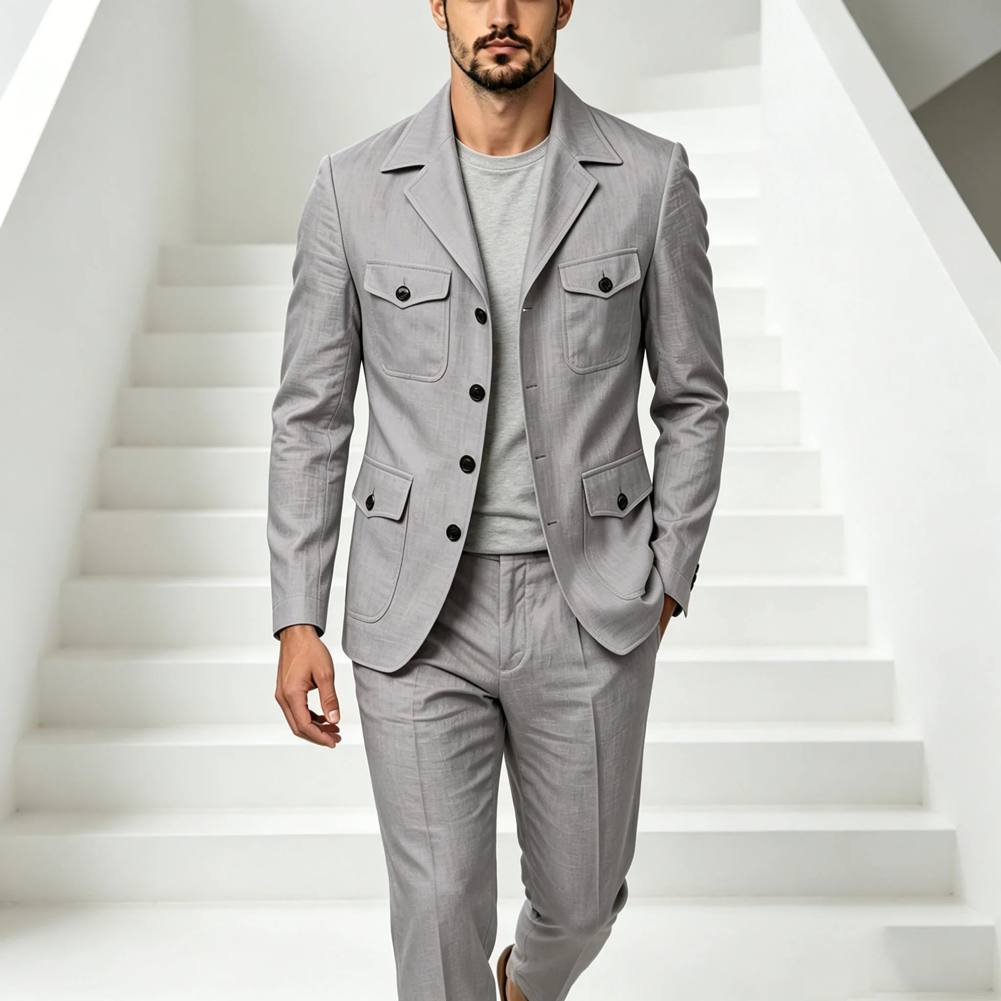 Men's Grey Linen Blend Suit 2 Piece Multi Pocket Peak Lapel Blazer pants Set Lightweight formal Suit for Summer Business Casual