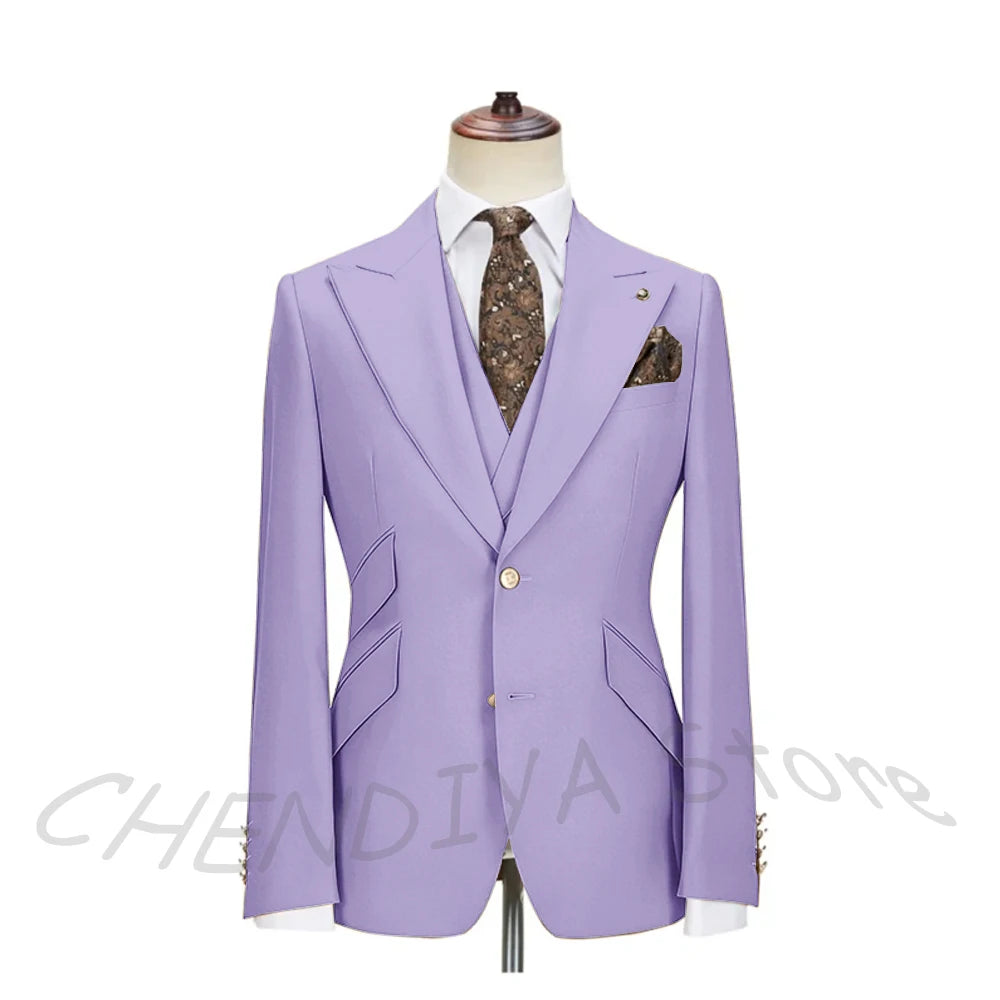 Solid Color Men's Suits 3 Piece (Blazer+Pants+Vest) Fashion Peak Lapel Single Breasted Prom Male  Business Casual Clothing