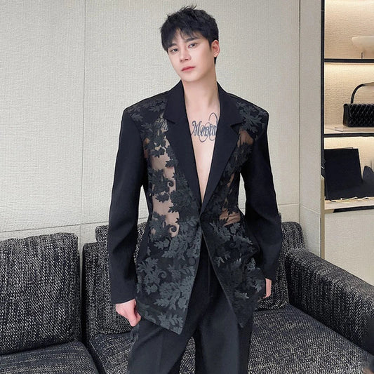 LUZHEN Embroidery Splicing See-through Design Trendy Suit Jackets Two-piece Sets Men's Stylish Street Straight Trousers LZ1944