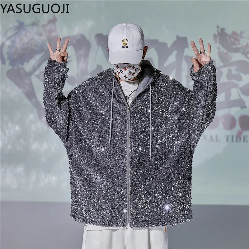 YASUGUOJI New 2024 Fashion Men's Sequined Jackets Bling Glitter Bomber Jacket Coat Hip Hop Tops Singer Nightclub Clothing Man