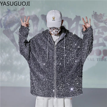 YASUGUOJI New 2024 Fashion Men's Sequined Jackets Bling Glitter Bomber Jacket Coat Hip Hop Tops Singer Nightclub Clothing Man