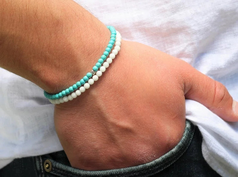 Natural Jewelry for Men Men's Turquoise Bracelet on Set White Agate Bracelet  Beaded Bracelet