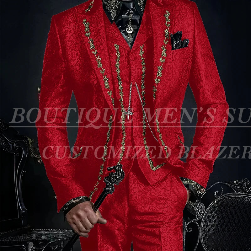 Elegant Black Jacquard Men Suits Embroidery Single Breasted Slim Fit 3 Piece Jacket Pants Vest Male Clothing Blazer Terno 2024